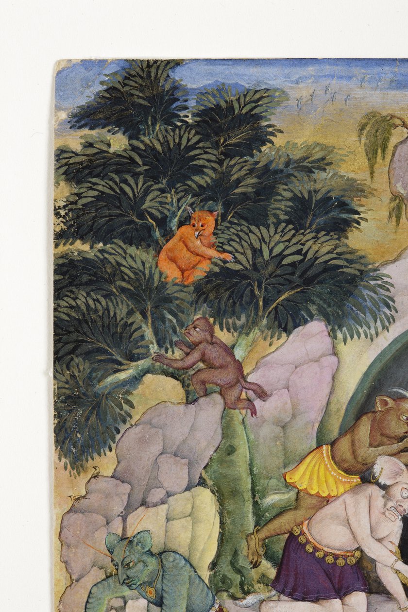 Detalj från Demons in a Wild Landscape, ca 1600 (ogenomskinlig wc & guld på papper) av Indian School