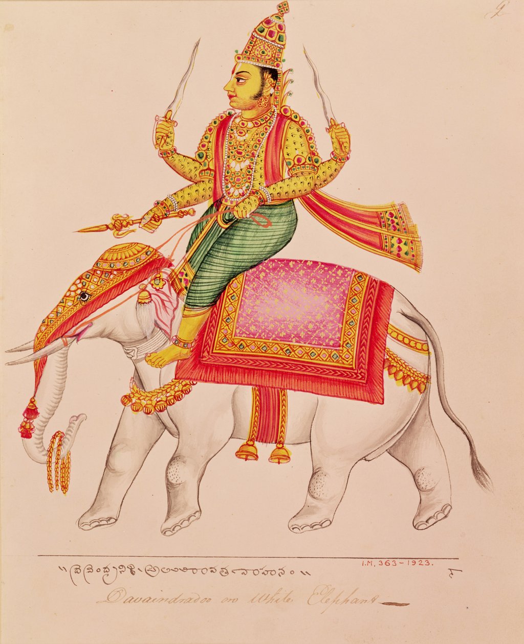 Indra, stormens gud, ridande på en elefant, 1820-25 av Indian School