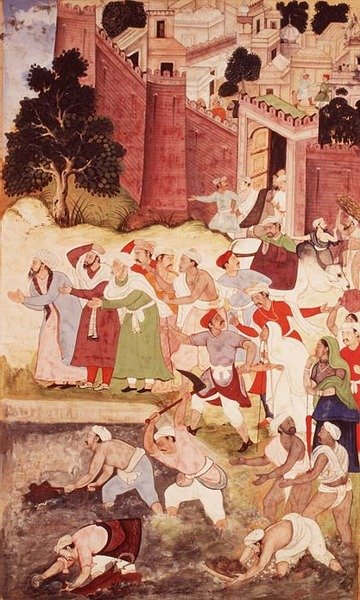 Reningen av Kukur Talaoa nära Nagor, från Akbarnama, Mughal, 1590-95 (ogenomskinlig wc & guld på papper) av Indian School