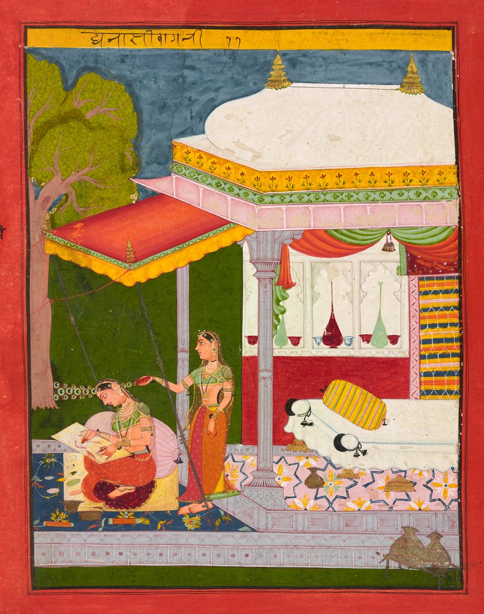 Dhanasri Ragini, folio från en Ragamala, ca av Indian School