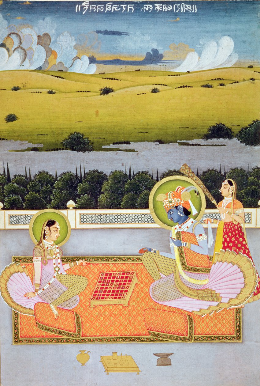 Prinspar som spelar drag, Rajasthan School, c.1750 av Indian School