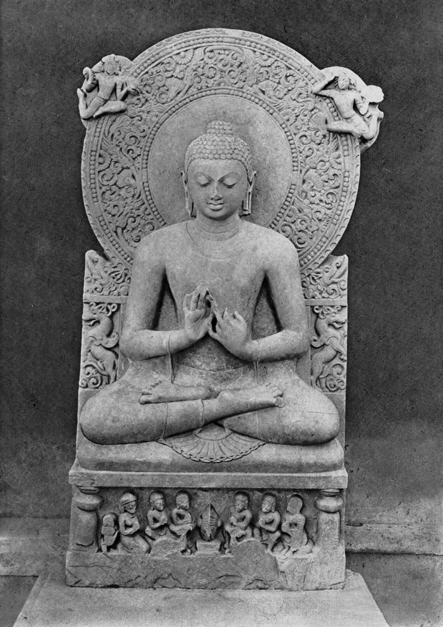 Att lära ut Buddha (Dharmacakra mudrā) (sandsten) av Indian School