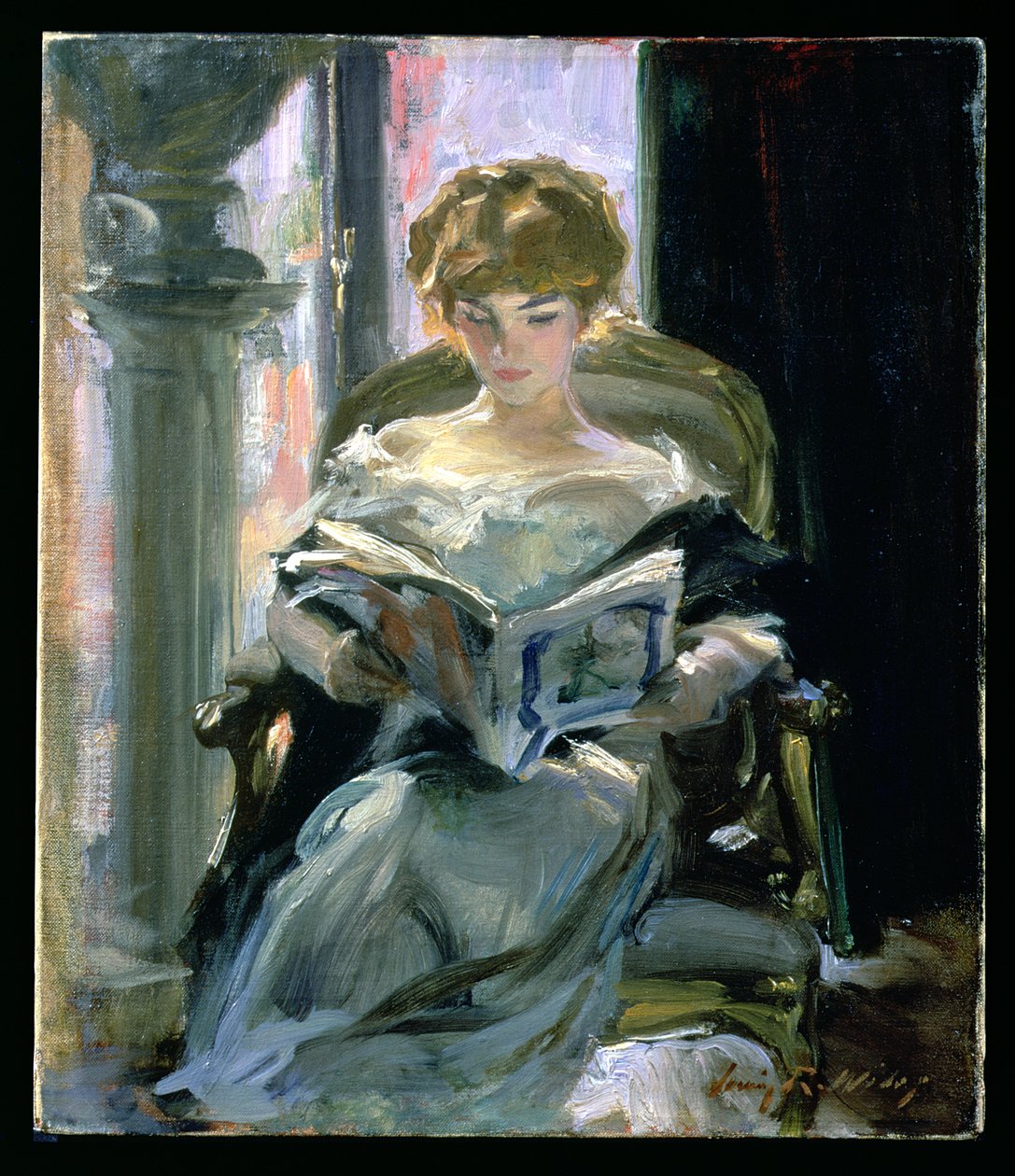 Kvinna som läser (olja på duk) av Irving Ramsay Wiles