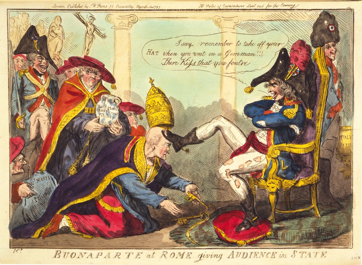 Buonaparte i Rom ger en publik i staten, pub. 1797 (handfärgad gravyr) av Isaac Cruikshank