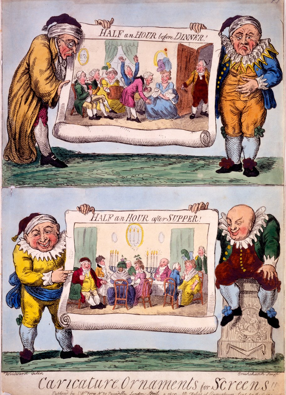 Karikatyrornament för skärmar, 1800 (handkolorerad gravyr) av Isaac Cruikshank