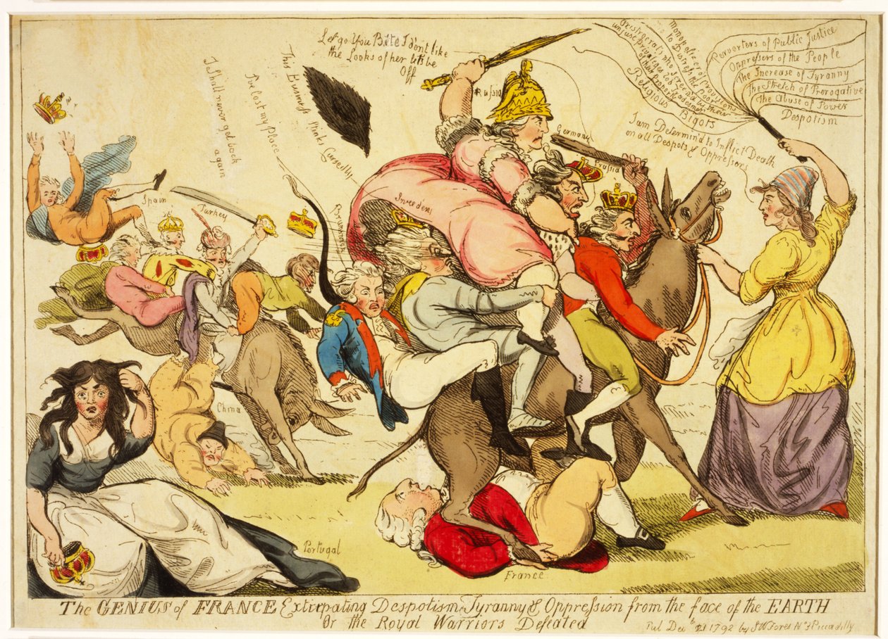 The Genius of France Extirpating Despotism, Tyranny und Oppression from the Face of the Earth Or the Royal Warriors Defeated, pub. 1792 (handkolorerad etsning) av Isaac Cruikshank