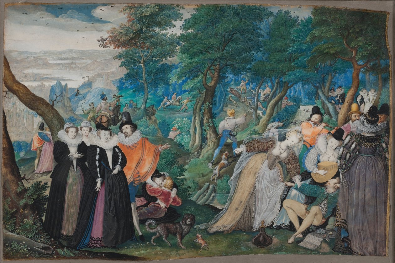 En fest i det fria. Allegori över äktenskaplig kärlek, ca 1590-1595 (gouache och vattenfärg på pergament fast på kartong) av Isaac Oliver