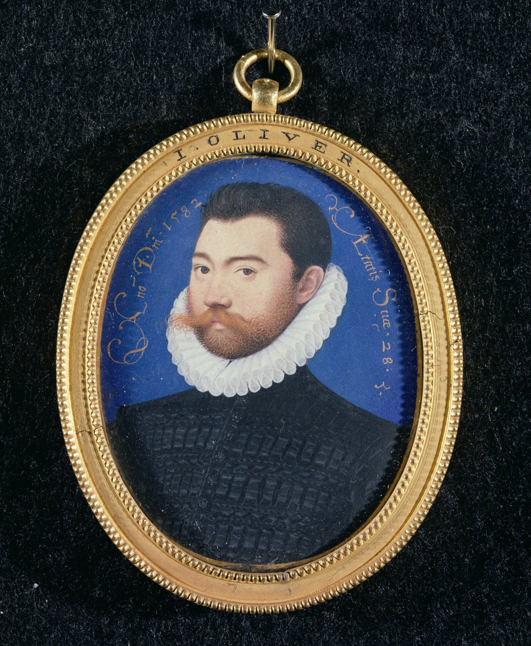 Porträtt av en okänd man, 28 år gammal, 1582 (wc på vellum) av Isaac Oliver
