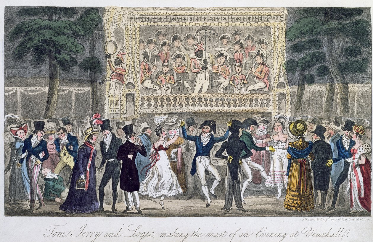 Tom, Jerry och Logic gör det mesta av en kväll på Vauxhall, från "Life in London", av Pierce Egan, 1821 (färgad akvatint) av Isaac, Robert and George Cruikshank