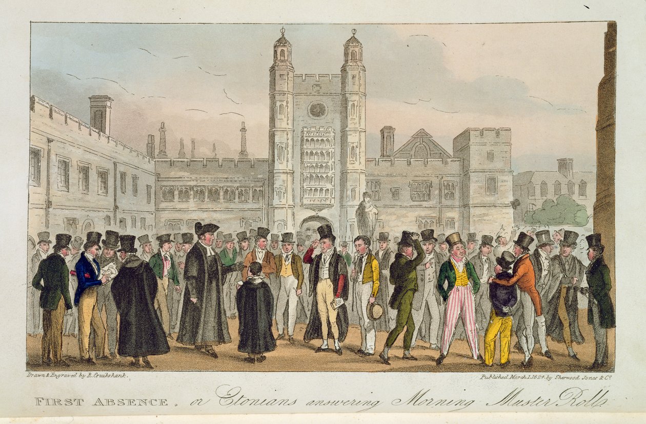 First Absence, or Etonians Answering Morning Master Roll, från "The English Spy", publicerad 1824. av Isaac Robert Cruikshank
