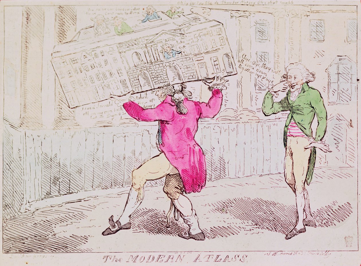 The Modern Atlass, utgiven av S.W. Fores, 1791 (handkolorerad gravyr). av Isaac Robert Cruikshank
