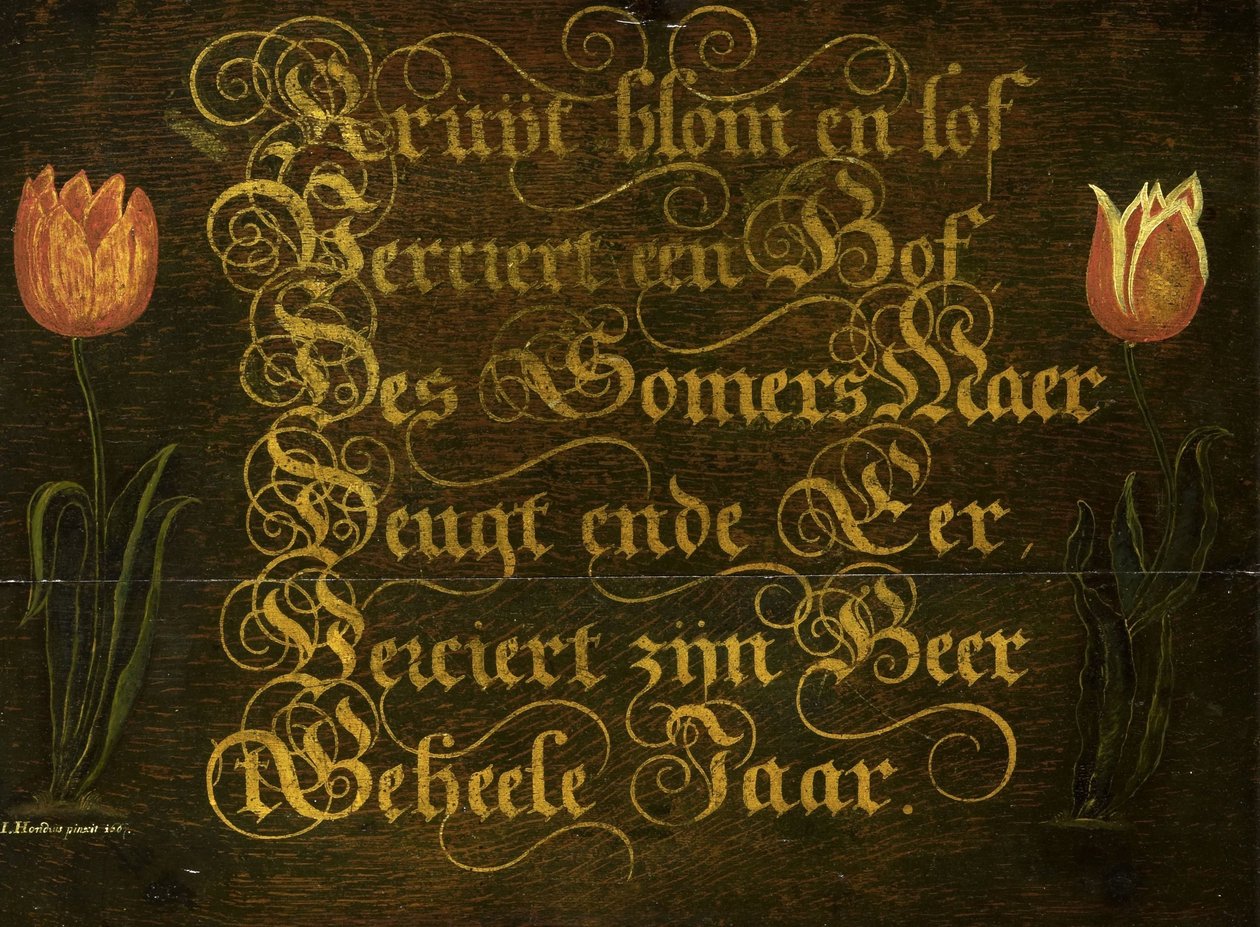 En kalligrafisk maxim, flankerad av tulpaner av Isaac Hondius