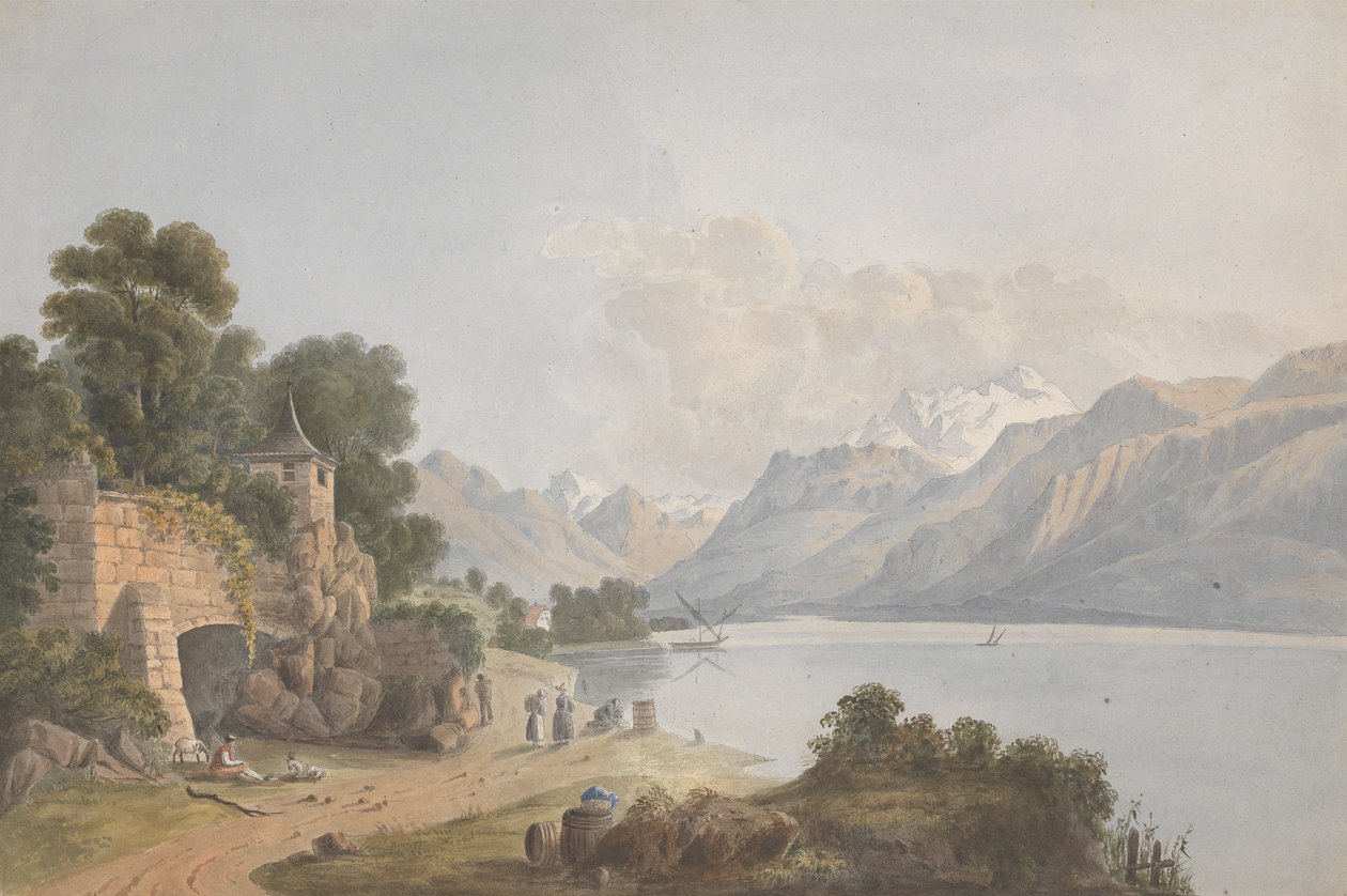 Bergigt landskap med sjö, port och figurer av Isaac Weld