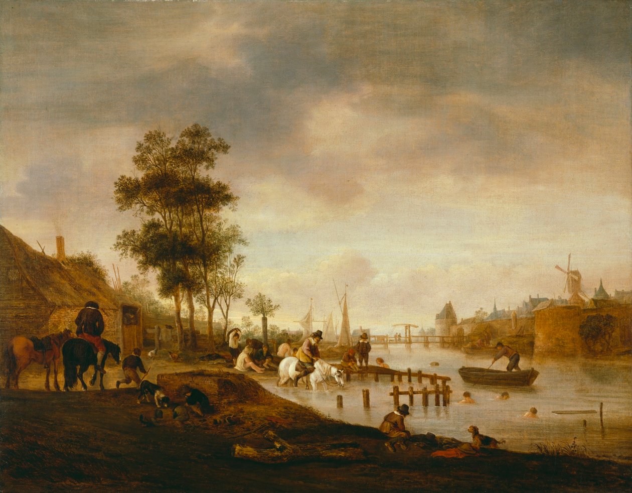 Flodlandskap med simmare av Isaac van Ostade