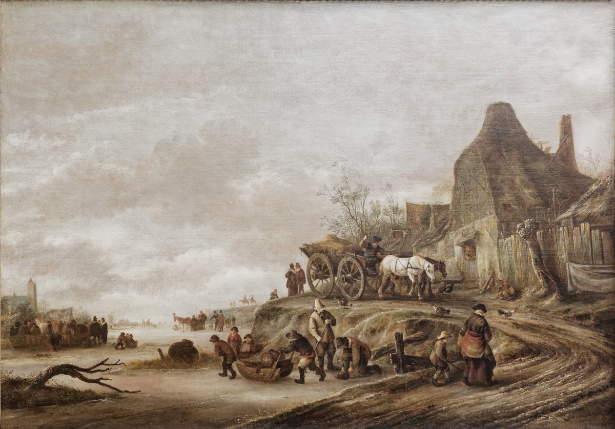Isaack van Ostade - Fryst kanal med vagn nedför en stig av Isaac van Ostade