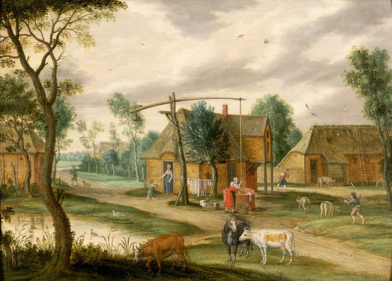 Ett bylandskap med en kvinna som drar vatten från en brunn (panel) av Isaak van Oosten