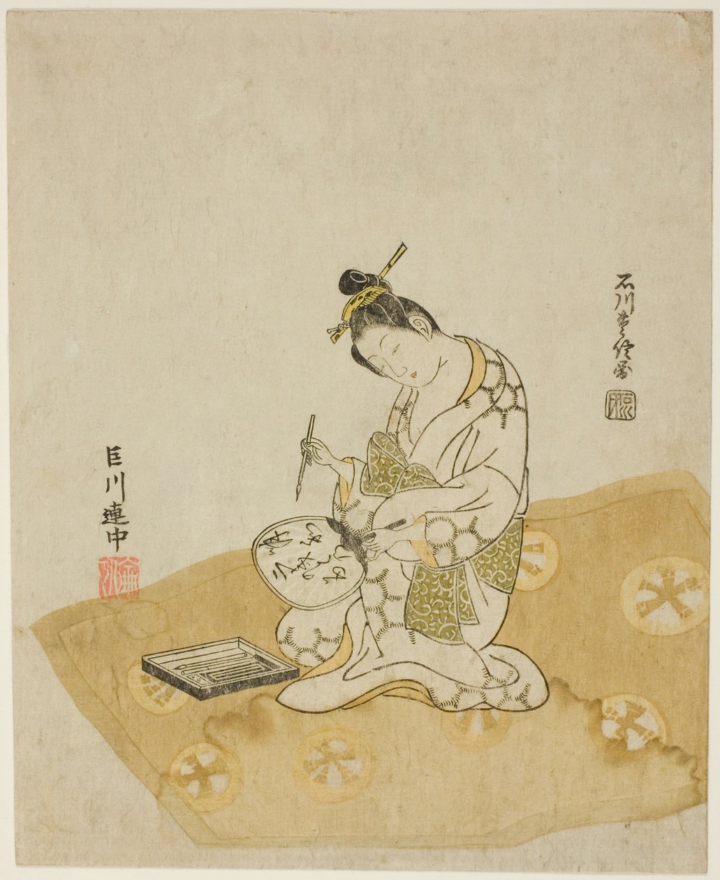 Skriver på en fläkt av Ishikawa Toyonobu