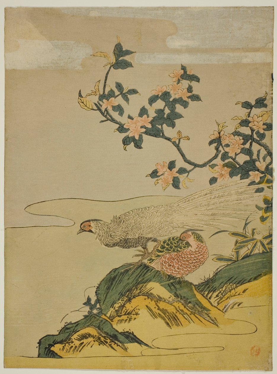 Fasaner under gren av persikablommor av Isoda Koryusai