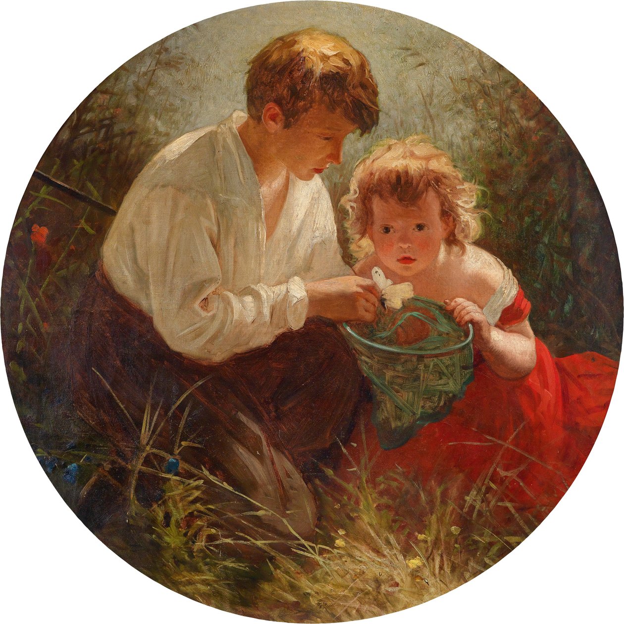 A brother and sister in butterfly catch av Italian School