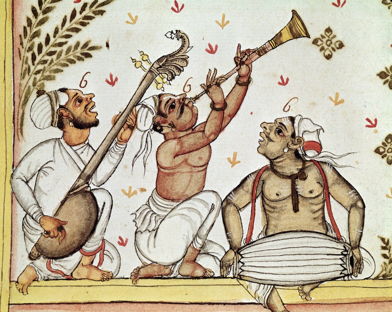 MS 8300, detalj av indiska musiker, från Storia do Mogor; eller, Mogul Indien 1653-1708 av Niccolao Manucci, översatt av Stefano Nivibus Cardeira, Venedig, 1731 av Italian School