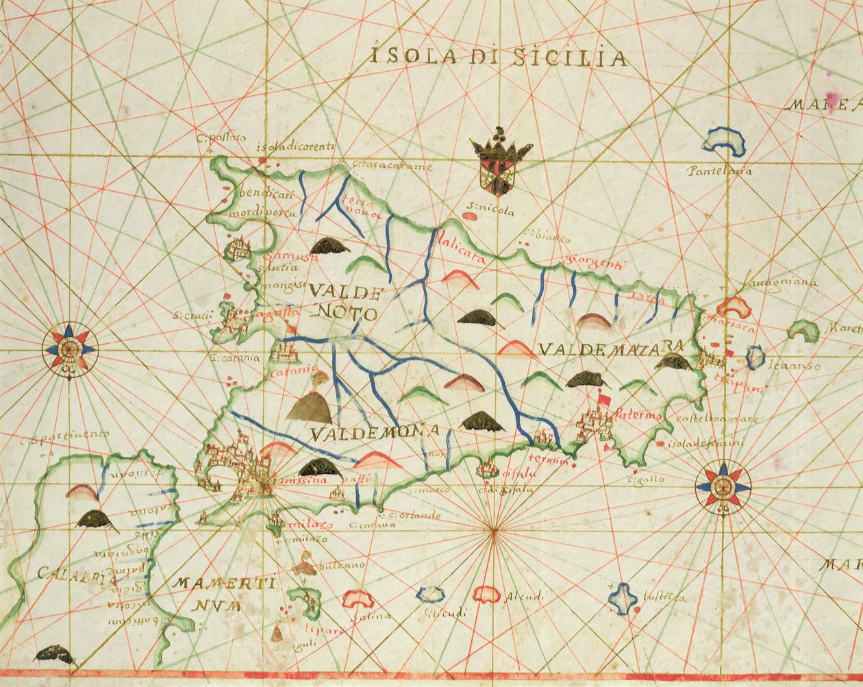 Sicilien och Messinasundet, från en nautisk atlas, 1646 (bläck på veläng) av Italian School
