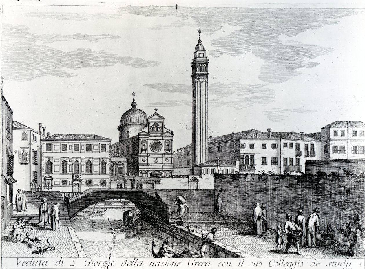 Utsikt över San Giorgio dei Greci och Flanginian School, Venedig av Italian School