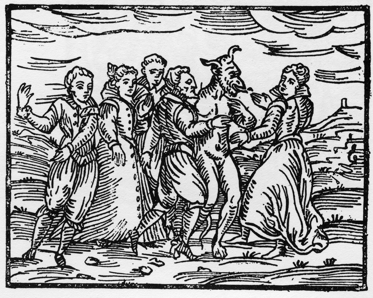 Häxor som dansar med djävulen, illustration från Compendium Maleficarum av Francesco Maria Guazzo, 1608 av Italian School