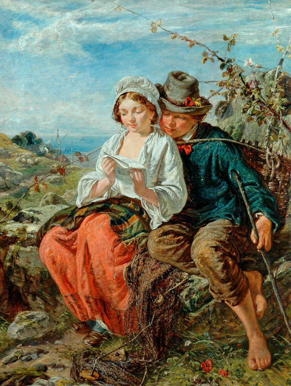 En fiskare-pojke och en flicka läser, 1850-79 av Italian School