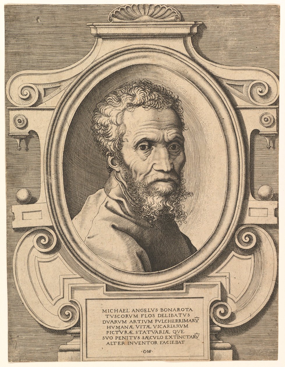 Porträtt av Michelangelo, pub. C1564. av Italian School