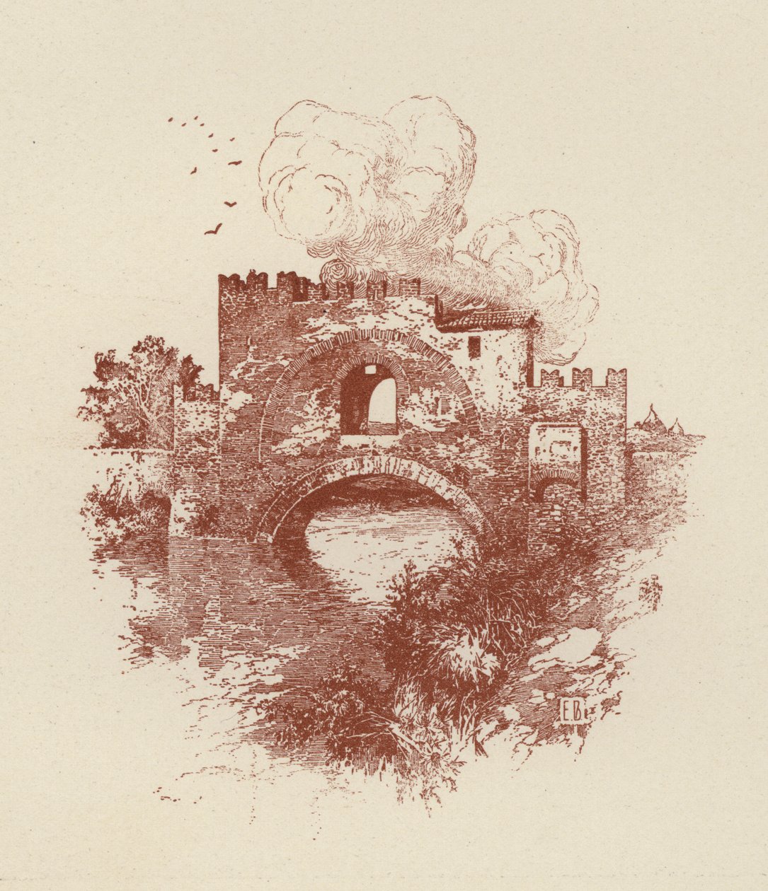Rom, Nomentano-bron (litografi) av Italian School