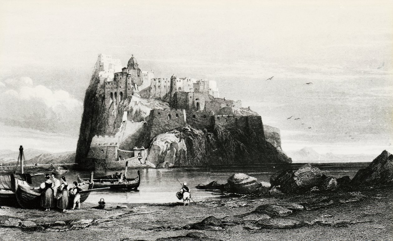 Vy över Ischia Island, gravyr, Italien av Italian School