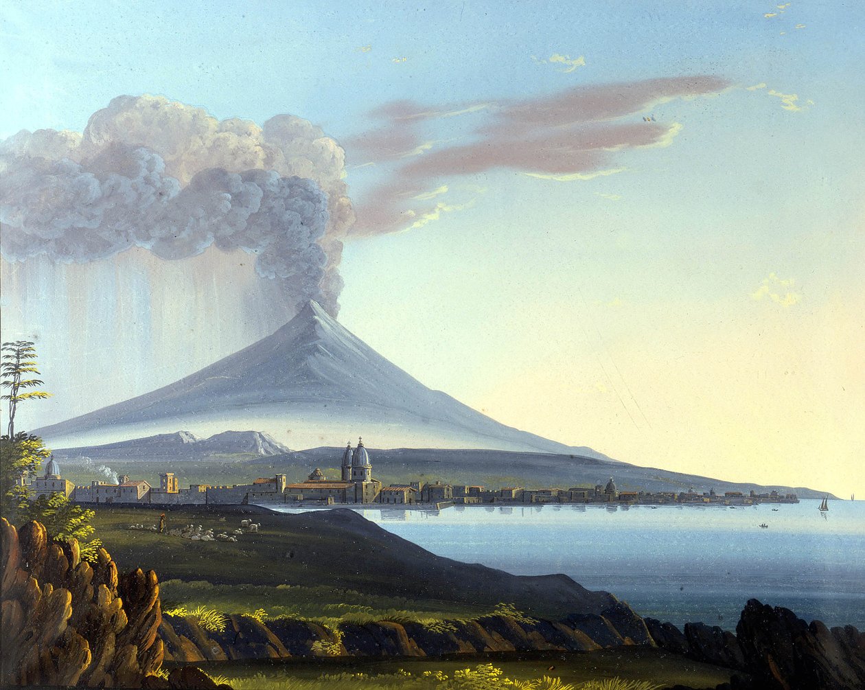 Utsikt över vulkanen Etna som bryter ut av Italian School