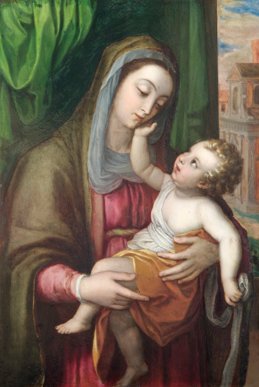 Jungfru och barn, ca 1600 (olja på koppar) av Italian School