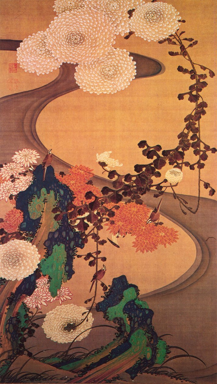 Chrysanthemums by a stream, with rocks av Ito Jakachu