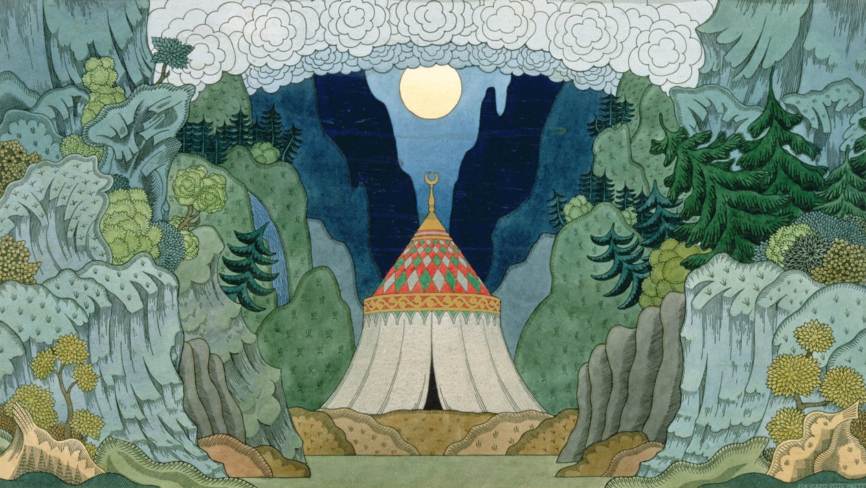 Skiss till operan "Den gyllene tuppen", av Nikolai Rimsky-Korsakov (1844-1908), 1909 av Ivan Yakovlevich Bilibin