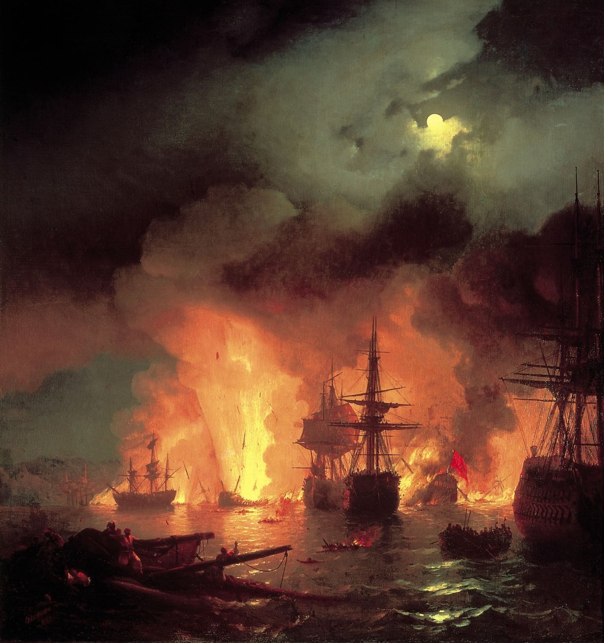 Slaget vid Çesme på natten av Ivan Aivazovsky