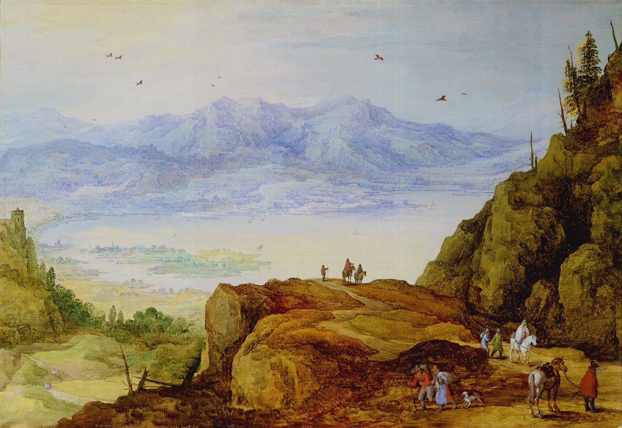 Vidsträckt bergslandskap med en sjö av J. and Momper, J. de Brueghel