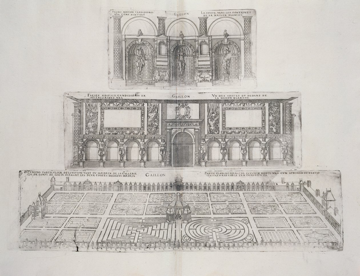Trädgårdar och exteriör av Chateau de Gaillon, från "Le Plus Belles Bastiments de France", publicerad 1570-talet av J. Androuet Ducerceau