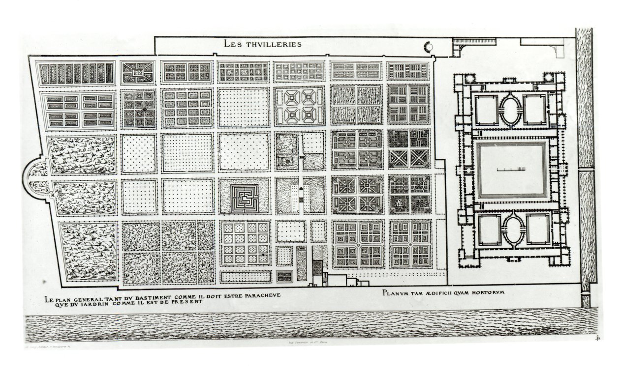 Plan över Tuileriernas palats och trädgård i Paris på 1500-talet, utgiven av A. Levy, 1800-talet av J. Androuet Ducerceau