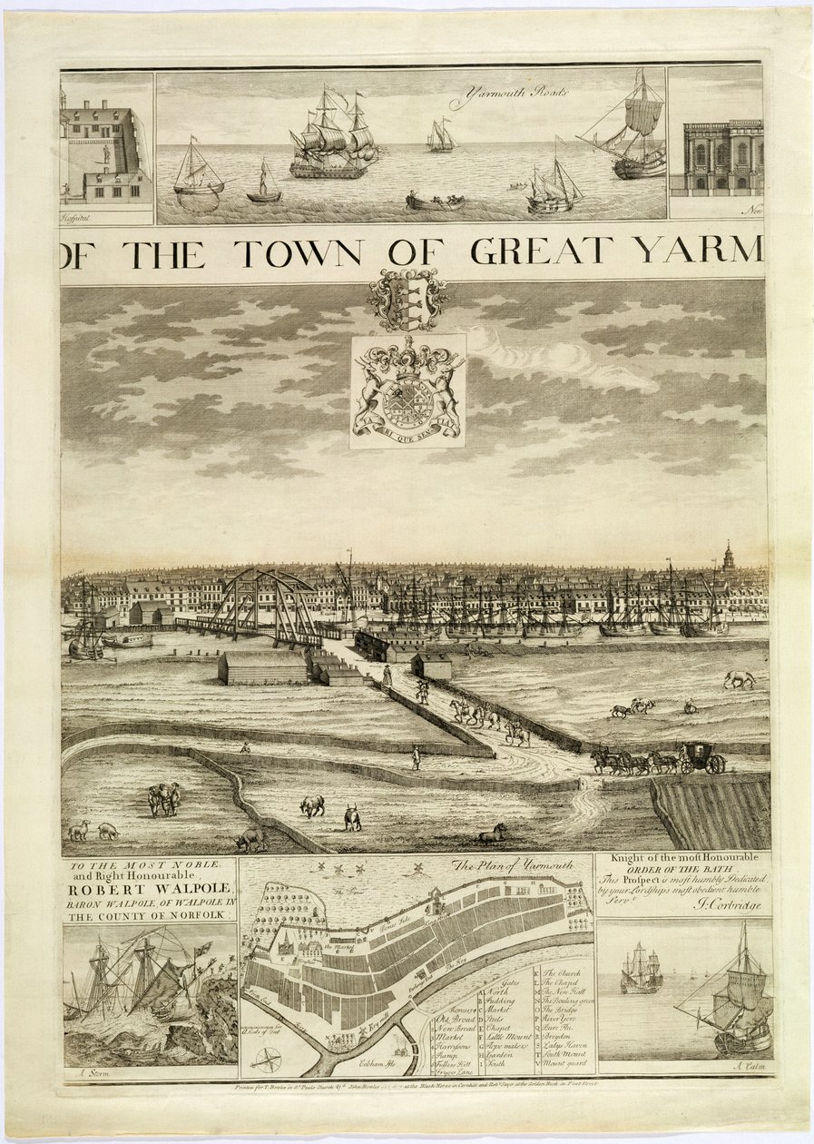 The West Prospect of the Town of Great Yarmouth i Norfolk, graverad av John Harris (fl.1686-1740) (se även 241066,241068) av J. Corbridge