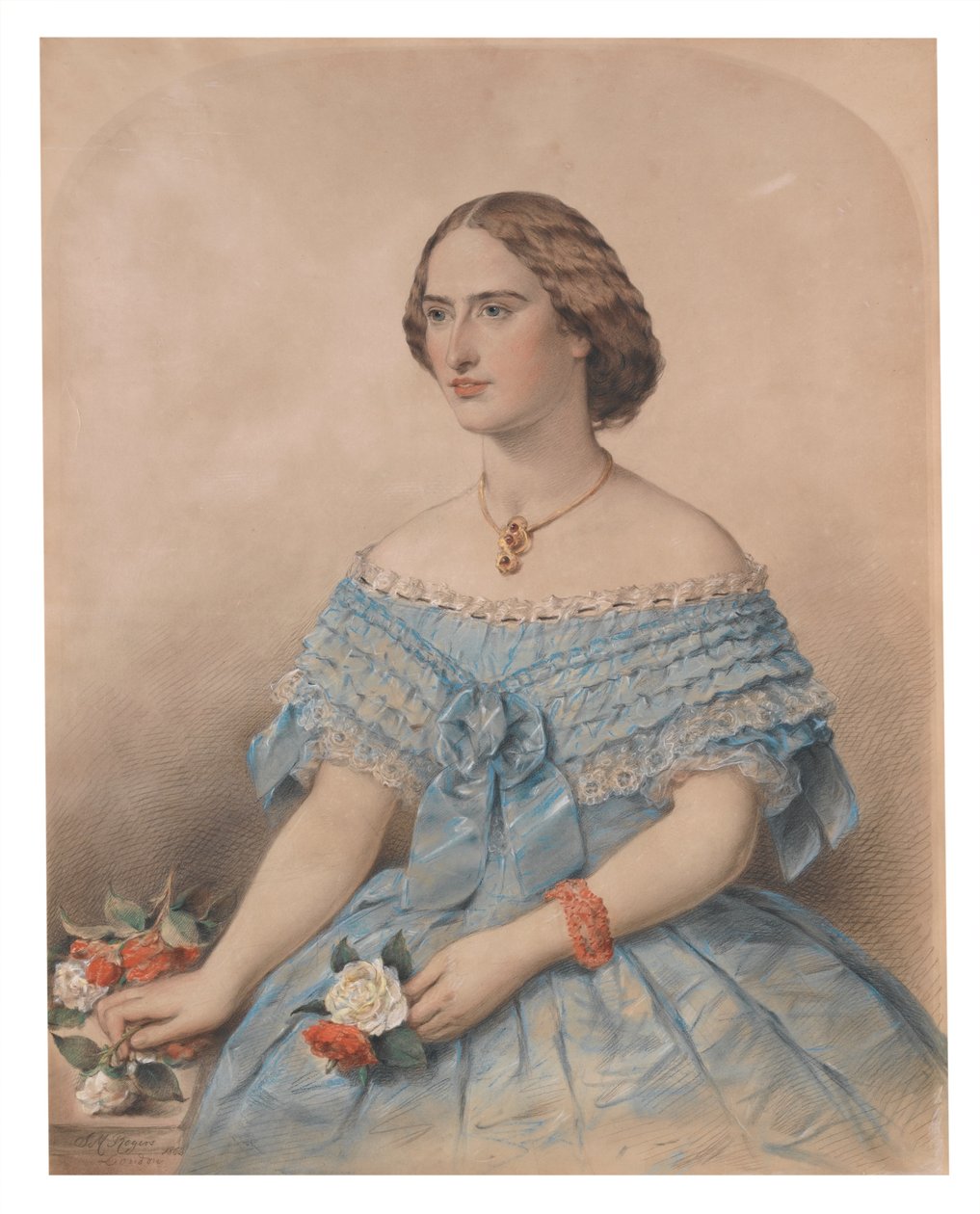 Porträtt av en ung kvinna, fröken Floe, 1863 (pastellfärgad på papper) av J. M. Rogers