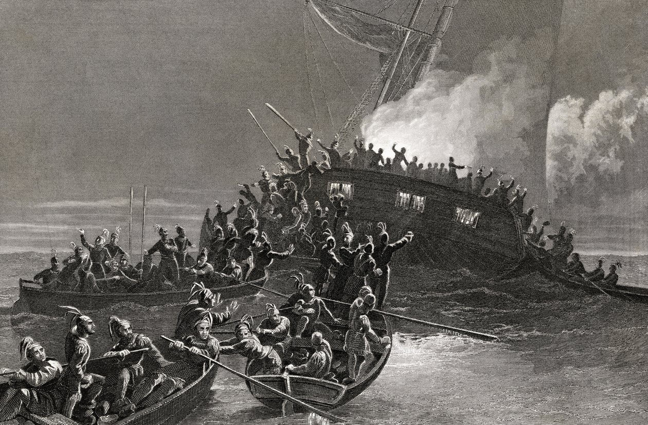 Förstörelse av skonaren Gaspe i Rhode Islands vatten, 1772, graverad av J. Rogers av J. McNevin
