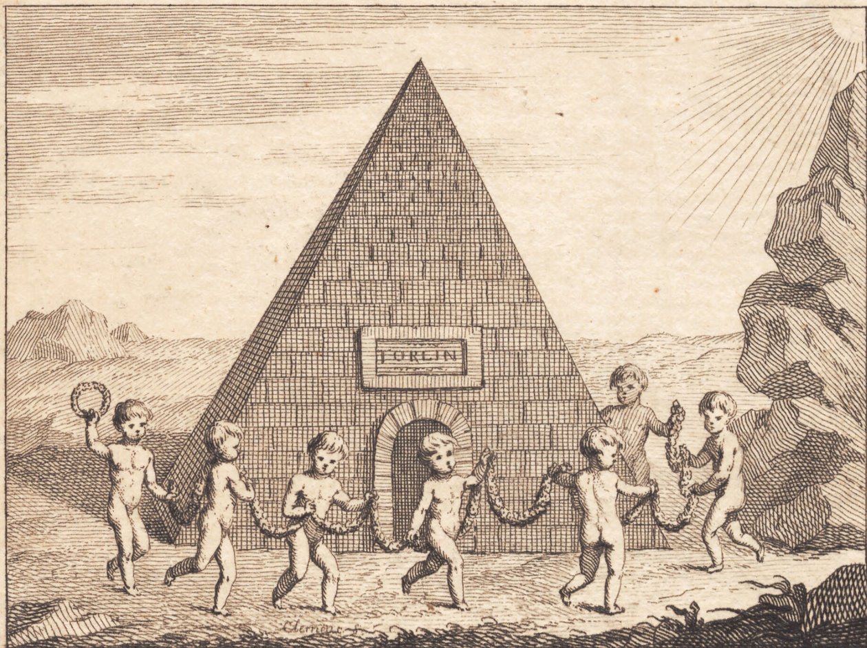 Sju barn dansar framför pyramid av J.F. Clemens