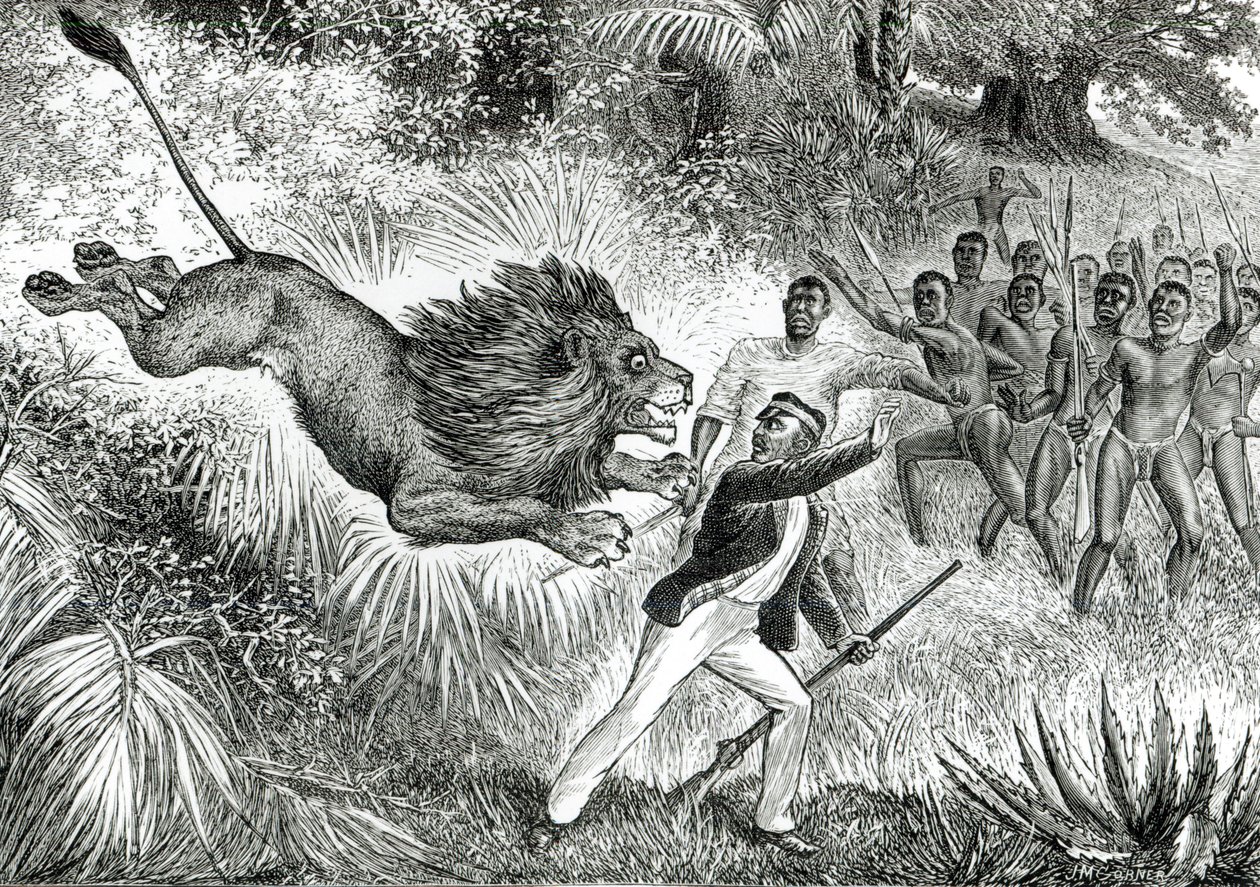 Livingstone attackerad av ett lejon (bw-bild) av J.M. Cobner
