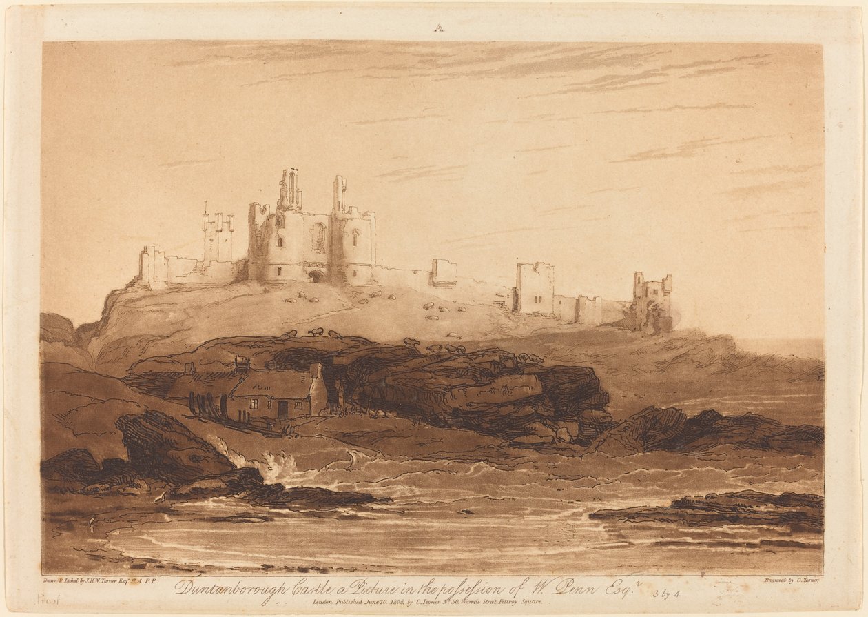 Dunstanborough Castle, publicerad 1808. av Joseph Mallord William Turner