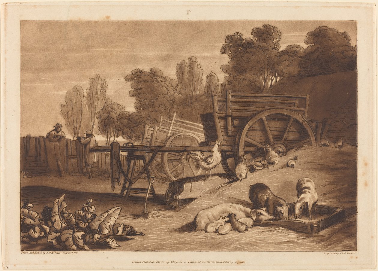 Gårdsgården med hanen, publicerad 1809. av Joseph Mallord William Turner