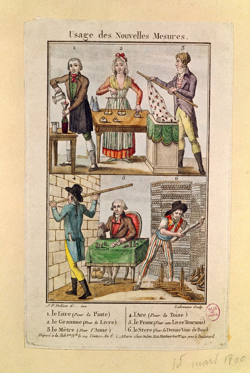 Användning av de nya måtten, graverad av Labrousse, 1795 av J.P. Delion