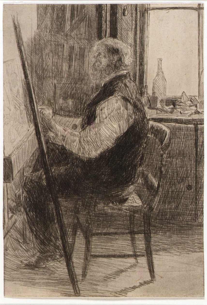 Konstnär sittande vid staffli av J. Alden Weir