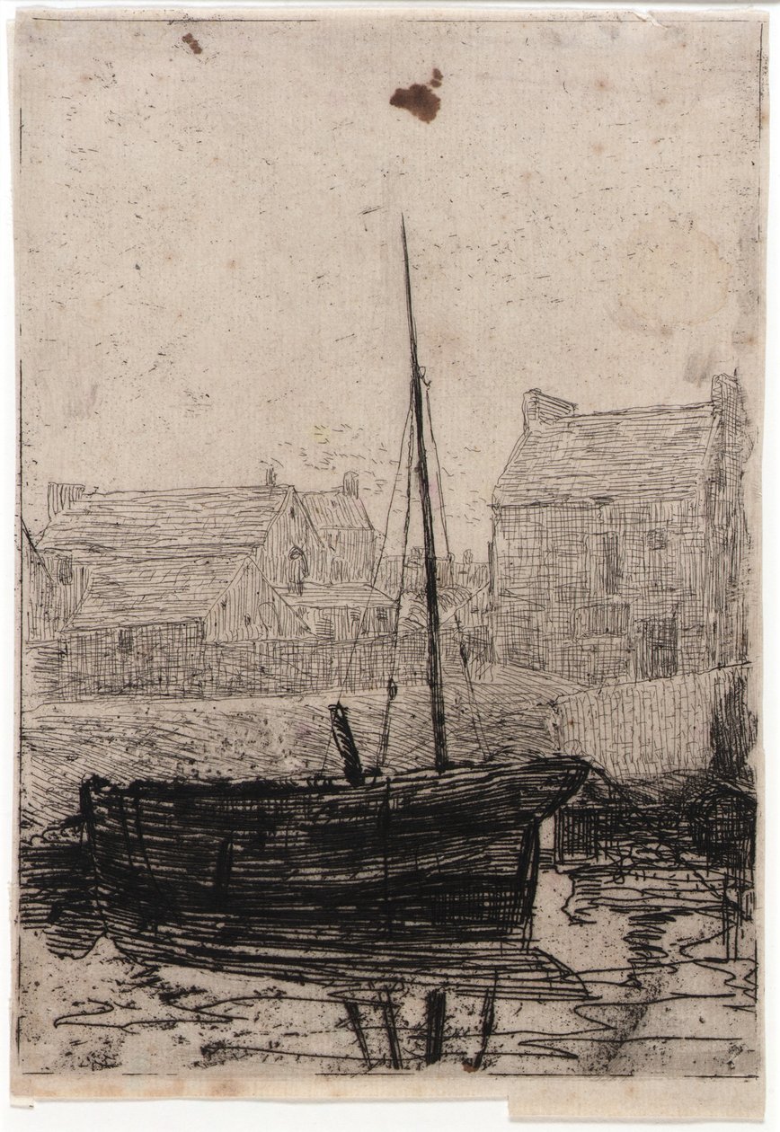 Båt förtöjd--Insle of Man av J. Alden Weir