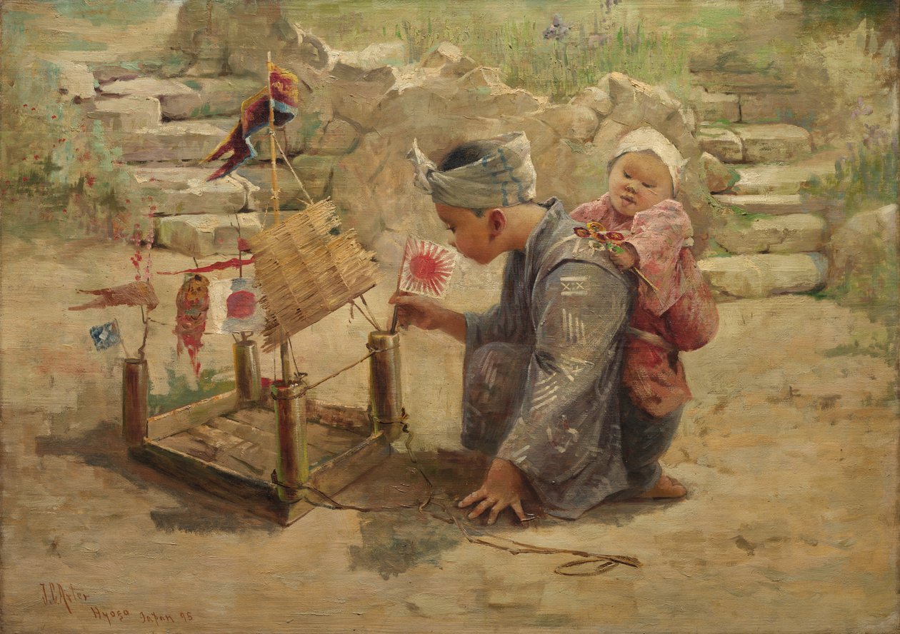 Japansk pojke som bygger en krigsman, 1895. av J. C. Arter.